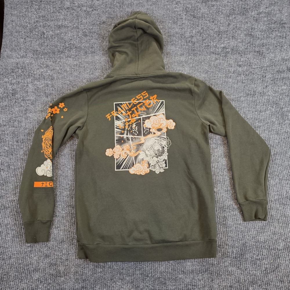 No Boundaries Fearless Tiger Graphic Hoodie Green Orange Sakura Tree Medium...
